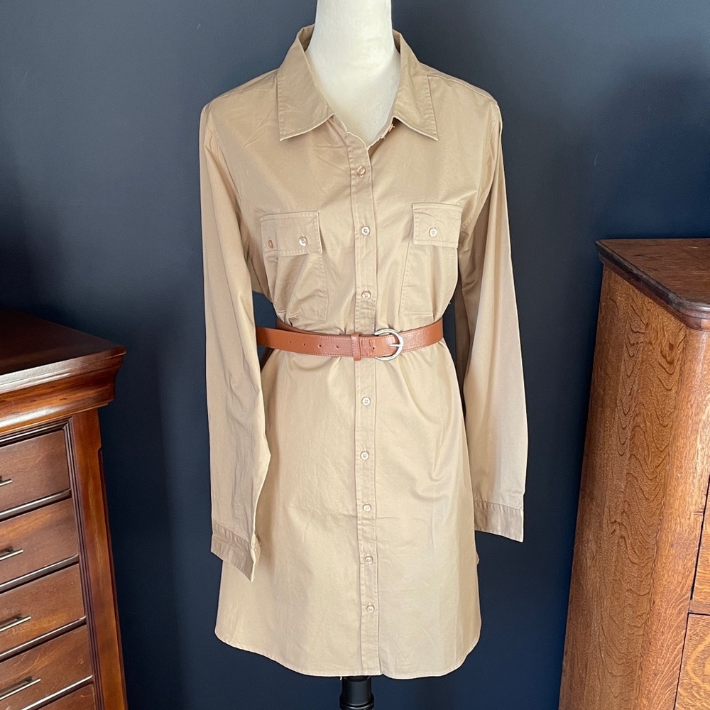 NWT DG2 Cotton‎ Tan Collared Long Sleeve Shirt Dress Midi Size XL